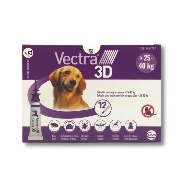 imagen frontal de la caja de pipetas vectra 3d para perros entre 25 y 40kg