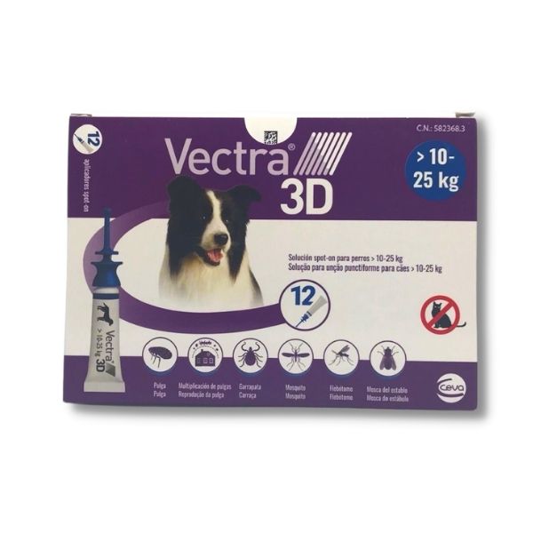 imagen frontal de la caja de vectra 3d para perros entre 10 y 25kg