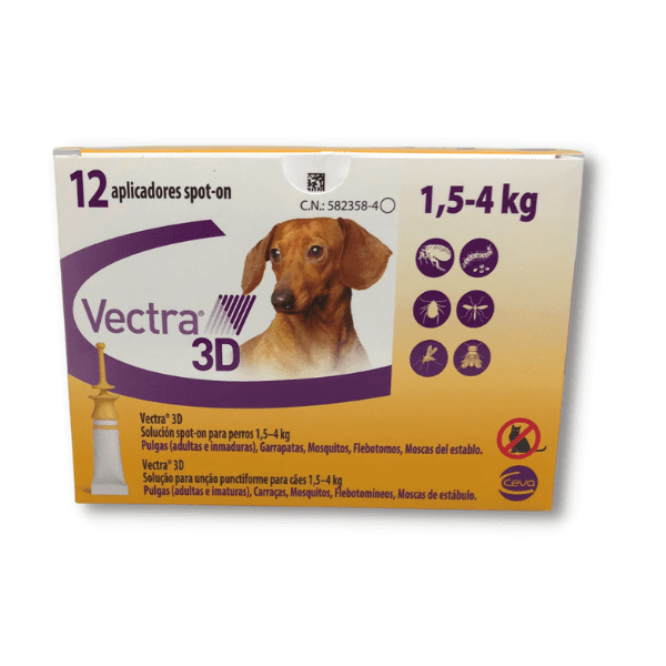 imagen frontal de la caja de pipetas antiparasitarias para perros vectra 3d entre 1,5 y 4kg