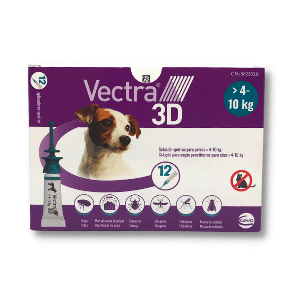 imagen frontal de la caja de pipetas antiparasitarias para perros vectra 3d de 4 a 10kg