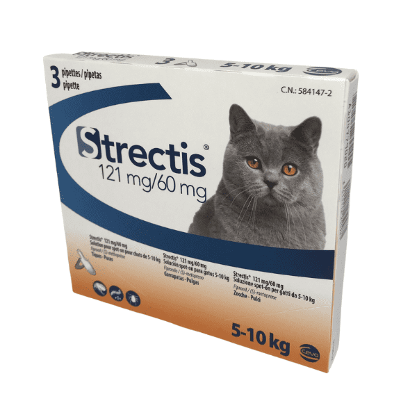 imagen lateral de la caja de 3 pipetas antiparasitarias strectis para gatos de entre cinco y diez kilos de peso