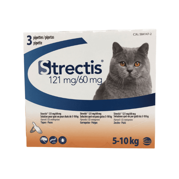 imagen de la caja de 3 pipetas de strectis antiparasitarios para gatos de entre cinco y diez kilos de peso